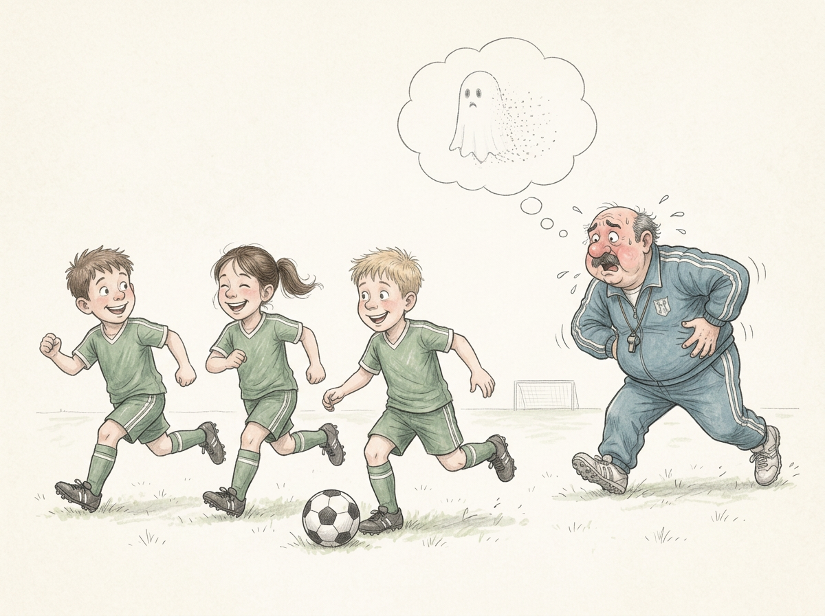 Illustrazione dal libro: tre ragazzi corrono felici inseguendo un pallone mentre l'allenatore, esausto, li insegue con un fantasma in una nuvoletta